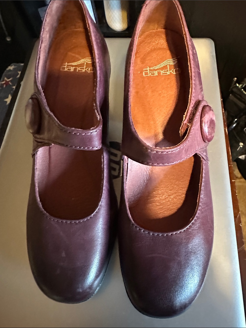 Dansko Button-Strap Mary Jane Heels in Plum leather with Velcro closure